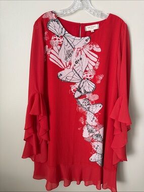 Max Studio Red Butterfly Print Ruffle-Sleeve Dress